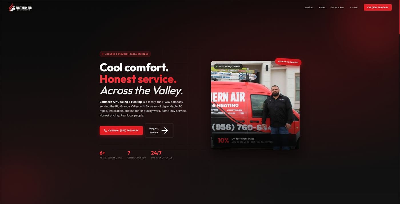 Southern Air Cooling & Heating HVAC website built by Dominguez Web Builders, Rio Grande Valley TX